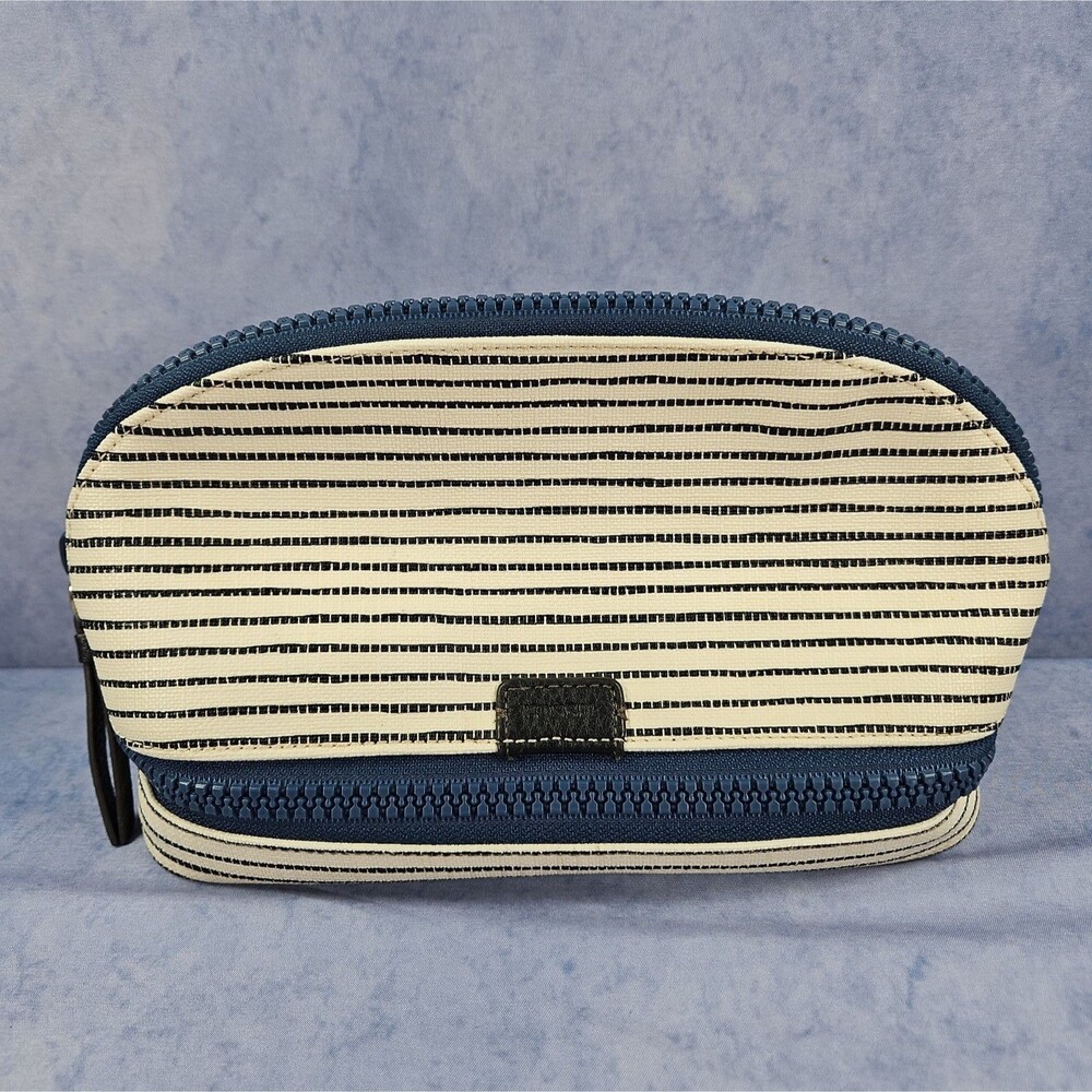 FOSSIL Cosmetic Make Up Double Zip Bag Navy and White Striped Good Cond.